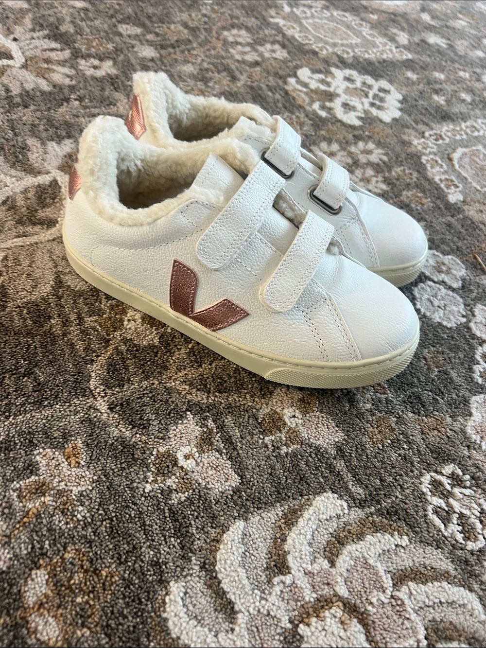 Veja Kids White Sneakers with Rose Gold 'V' Accent and Faux Fur